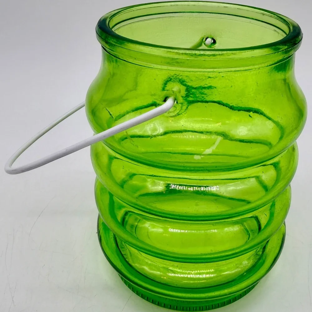 Green Ribbed Beehive Glass Lantern Votive Candle Holder with Wire Handle Vintage